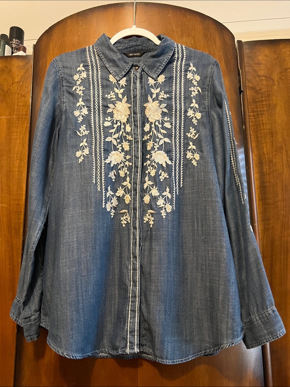 Driftwood Denim Button-Front Shirt with Cream Floral Embroidery Size M